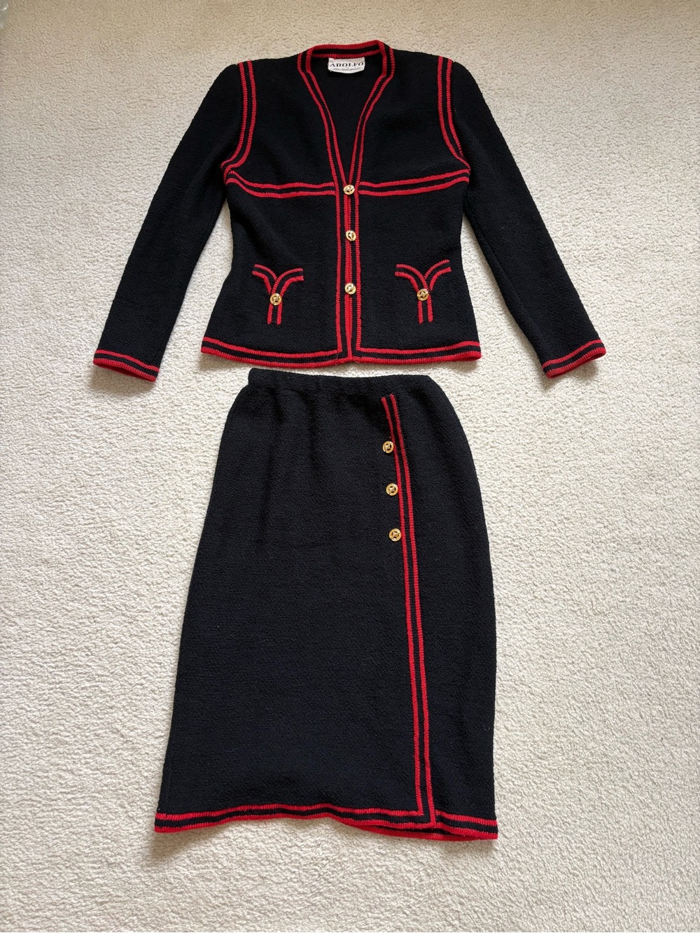 Vintage Adolfo red and black wool knit suit set Chanel Reagan sz S old money
